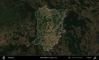 Kreis Hoxter. Almanya 'nın idari alanı, Ağustos 2019' da çekilen Kopernik Nöbetçi karolarından oluşan koyu renkli bir uydu görüntüsü üzerinde vurgulandı ve özetlendi.