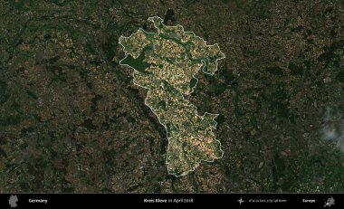 Kreis Kleve. Almanya 'nın idari alanı, Nisan 2018' de çekilen Kopernik Nöbetçi karolarından oluşan koyu renkli bir uydu görüntüsü üzerinde vurgulandı ve özetlendi