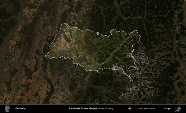 Landkreis Emmendingen. Mart 2019 'da çekilen Kopernik Nöbetçi karolarından oluşan koyu renkli bir uydu görüntüsü, Almanya' nın idari alanının altını çizdi ve özetledi.