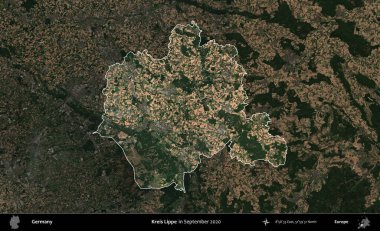 Kreis Lippe. Almanya 'nın idari alanı, Eylül 2020' de çekilen Kopernik Nöbetçi karolarından oluşan koyu renkli bir uydu görüntüsü üzerinde vurgulandı ve özetlendi