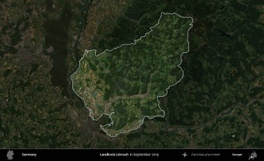 Landkreis Lorrach. Almanya 'nın idari alanı, Eylül 2019' da çekilen Kopernik Nöbetçi karolarından oluşan koyu renkli bir uydu görüntüsü üzerinde vurgulandı ve özetlendi.