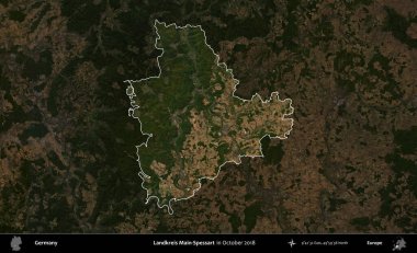 Landkreis Ana Spessart. Almanya 'nın idari alanı, Ekim 2018' de çekilen Kopernik Nöbetçi karolarından oluşan koyu renkli bir uydu görüntüsü üzerinde vurgulandı ve özetlendi.