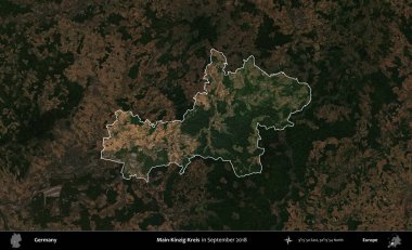 Ana-Kinzig-Kreis. Almanya 'nın idari alanı, Eylül 2018' de çekilen Kopernik Nöbetçi karolarından oluşan koyu renkli bir uydu görüntüsü üzerinde vurgulandı ve özetlendi.