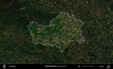 Mansfeld-Sudharz. Mayıs 2018 'de çekilen Kopernik Nöbetçi karolarından oluşan koyu renkli bir uydu görüntüsü, Almanya' nın idari alanının altını çizdi ve özetledi.