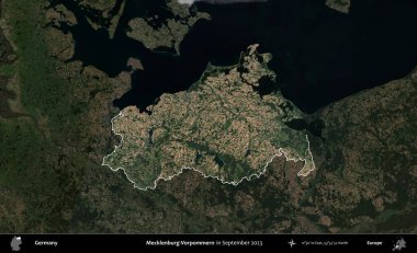 Mecklenburg-Vorpommern. Almanya 'nın idari alanı, Eylül 2023' te çekilen Kopernik Nöbetçi karolarından oluşan koyu renkli bir uydu görüntüsü üzerinde vurgulandı ve özetlendi.