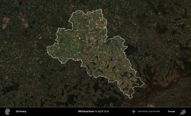 Mittelsachsen 'de. Nisan 2020 'de çekilen Kopernik Nöbetçi karolarından oluşan koyu renkli bir uydu görüntüsü Almanya' nın idari alanının altını çizdi ve özetledi.