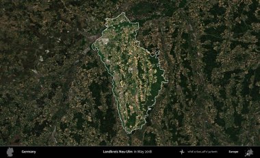 Landkreis Neu-Ulm. Mayıs 2018 'de çekilen Kopernik Nöbetçi karolarından oluşan koyu renkli bir uydu görüntüsü, Almanya' nın idari alanının altını çizdi ve özetledi.