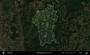 Odenwaldkreis. Mayıs 2018 'de çekilen Kopernik Nöbetçi karolarından oluşan koyu renkli bir uydu görüntüsü, Almanya' nın idari alanının altını çizdi ve özetledi.