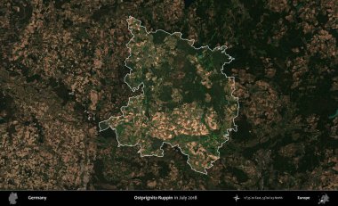 Ostprignitz-Ruppin. Temmuz 2018 'de çekilen Kopernik Nöbetçi karolarından oluşan koyu renkli bir uydu görüntüsü, Almanya' nın idari alanının altını çizdi ve özetledi.