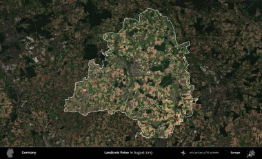 Landkreis Peine. Almanya 'nın idari alanı, Ağustos 2019' da çekilen Kopernik Nöbetçi karolarından oluşan koyu renkli bir uydu görüntüsü üzerinde vurgulandı ve özetlendi.