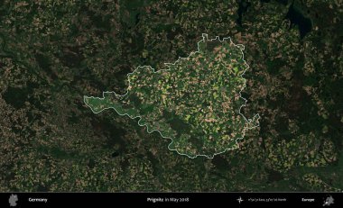 Prignitz. Mayıs 2018 'de çekilen Kopernik Nöbetçi karolarından oluşan koyu renkli bir uydu görüntüsü, Almanya' nın idari alanının altını çizdi ve özetledi.