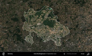 Kreis Recklinghausen. Almanya 'nın idari alanı, Eylül 2020' de çekilen Kopernik Nöbetçi karolarından oluşan koyu renkli bir uydu görüntüsü üzerinde vurgulandı ve özetlendi