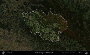 Landkreis Regen. Almanya 'nın idari alanı, Ekim 2018' de çekilen Kopernik Nöbetçi karolarından oluşan koyu renkli bir uydu görüntüsü üzerinde vurgulandı ve özetlendi.