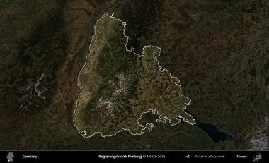 Regierungsbezirk Freiburg. Mart 2019 'da çekilen Kopernik Nöbetçi karolarından oluşan koyu renkli bir uydu görüntüsü, Almanya' nın idari alanının altını çizdi ve özetledi.