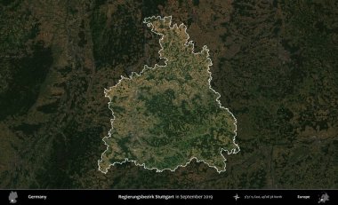 Regierungsbezirk Stuttgart. Almanya 'nın idari alanı, Eylül 2019' da çekilen Kopernik Nöbetçi karolarından oluşan koyu renkli bir uydu görüntüsü üzerinde vurgulandı ve özetlendi.