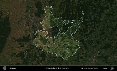 Rhein-Neckar-Kreis. Almanya 'nın idari alanı, Haziran 2019' da çekilen Kopernik Nöbetçi karolarından oluşan koyu renkli bir uydu görüntüsü üzerinde vurgulandı ve özetlendi.