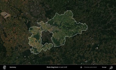 Rhein-Sieg-Kreis. Almanya 'nın idari alanı, Haziran 2018' de çekilen Kopernik Nöbetçi karolarından oluşan koyu renkli bir uydu görüntüsü üzerinde vurgulandı ve özetlendi.