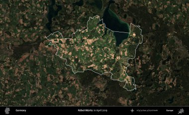 Robel-Muritz. Nisan 2019 'da çekilen Kopernik Nöbetçi karolarından oluşan koyu renkli bir uydu görüntüsü, Almanya' nın idari alanının altını çizdi ve özetledi.
