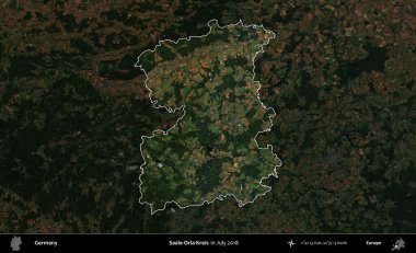 Saale-Orla-Kreis. Temmuz 2018 'de çekilen Kopernik Nöbetçi karolarından oluşan koyu renkli bir uydu görüntüsü, Almanya' nın idari alanının altını çizdi ve özetledi.