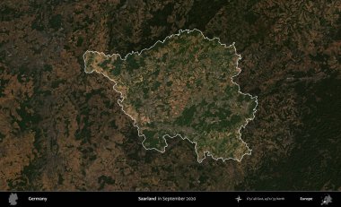 Saarland 'da. Almanya 'nın idari alanı, Eylül 2020' de çekilen Kopernik Nöbetçi karolarından oluşan koyu renkli bir uydu görüntüsü üzerinde vurgulandı ve özetlendi