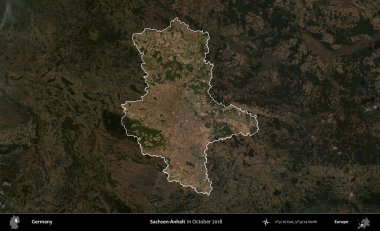 Sachsen-Anhalt. Almanya 'nın idari alanı, Ekim 2018' de çekilen Kopernik Nöbetçi karolarından oluşan koyu renkli bir uydu görüntüsü üzerinde vurgulandı ve özetlendi.