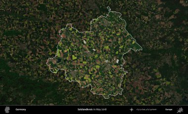 Salzlandkreis. Mayıs 2018 'de çekilen Kopernik Nöbetçi karolarından oluşan koyu renkli bir uydu görüntüsü, Almanya' nın idari alanının altını çizdi ve özetledi.