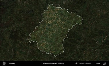 Schwalm-Eder-Kreis. Nisan 2019 'da çekilen Kopernik Nöbetçi karolarından oluşan koyu renkli bir uydu görüntüsü, Almanya' nın idari alanının altını çizdi ve özetledi.