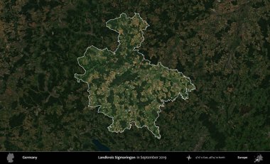 Landkreis Sigmaringen. Almanya 'nın idari alanı, Eylül 2019' da çekilen Kopernik Nöbetçi karolarından oluşan koyu renkli bir uydu görüntüsü üzerinde vurgulandı ve özetlendi.
