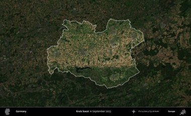 Kreis Soest. Almanya 'nın idari alanı, Eylül 2023' te çekilen Kopernik Nöbetçi karolarından oluşan koyu renkli bir uydu görüntüsü üzerinde vurgulandı ve özetlendi.