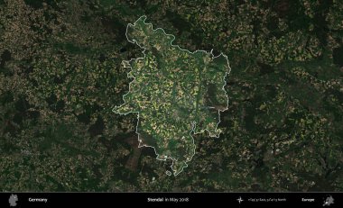 Stendal. Mayıs 2018 'de çekilen Kopernik Nöbetçi karolarından oluşan koyu renkli bir uydu görüntüsü, Almanya' nın idari alanının altını çizdi ve özetledi.