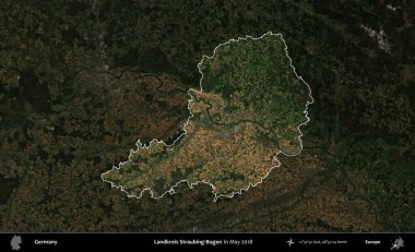 Landkreis Straubing-Bogen. Mayıs 2018 'de çekilen Kopernik Nöbetçi karolarından oluşan koyu renkli bir uydu görüntüsü, Almanya' nın idari alanının altını çizdi ve özetledi.