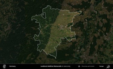 Landkreis Sudliche Weinstrae. Almanya 'nın idari alanı, Haziran 2019' da çekilen Kopernik Nöbetçi karolarından oluşan koyu renkli bir uydu görüntüsü üzerinde vurgulandı ve özetlendi.