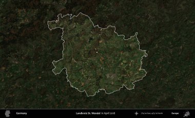 Landkreis St. Wendel. Almanya 'nın idari alanı, Nisan 2018' de çekilen Kopernik Nöbetçi karolarından oluşan koyu renkli bir uydu görüntüsü üzerinde vurgulandı ve özetlendi