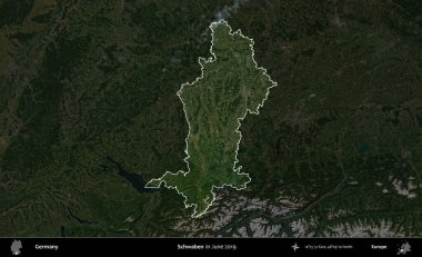 Schwaben. Almanya 'nın idari alanı, Haziran 2019' da çekilen Kopernik Nöbetçi karolarından oluşan koyu renkli bir uydu görüntüsü üzerinde vurgulandı ve özetlendi.