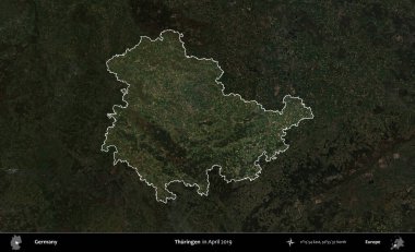 Thuringen. Nisan 2019 'da çekilen Kopernik Nöbetçi karolarından oluşan koyu renkli bir uydu görüntüsü, Almanya' nın idari alanının altını çizdi ve özetledi.