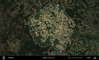 Uelzen. Mayıs 2018 'de çekilen Kopernik Nöbetçi karolarından oluşan koyu renkli bir uydu görüntüsü, Almanya' nın idari alanının altını çizdi ve özetledi.