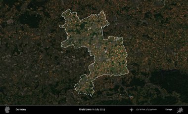 Kreis Unna. Almanya 'nın idari alanı, Temmuz 2023' te çekilen Kopernik Nöbetçi karolarından oluşan koyu renkli bir uydu görüntüsü üzerinde vurgulandı ve özetlendi.