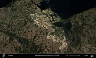 Vorpommern-Greifswald. Almanya 'nın idari alanı, Ekim 2018' de çekilen Kopernik Nöbetçi karolarından oluşan koyu renkli bir uydu görüntüsü üzerinde vurgulandı ve özetlendi.