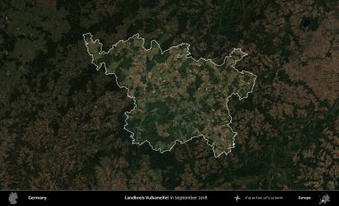 Landkreis Vulkaneifel. Almanya 'nın idari alanı, Eylül 2018' de çekilen Kopernik Nöbetçi karolarından oluşan koyu renkli bir uydu görüntüsü üzerinde vurgulandı ve özetlendi.