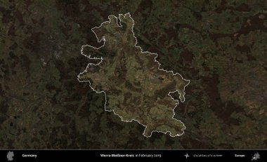 Werra-Meiner-Kreis. Almanya 'nın idari alanı, Şubat 2019' da çekilen Kopernik Nöbetçi karolarından oluşan koyu renkli bir uydu görüntüsü üzerinde vurgulandı ve özetlendi.
