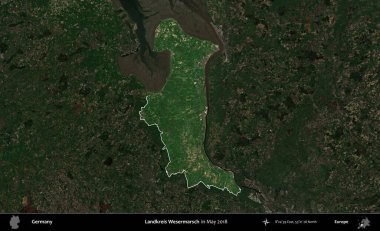 Landkreis Wesermarsch. Mayıs 2018 'de çekilen Kopernik Nöbetçi karolarından oluşan koyu renkli bir uydu görüntüsü, Almanya' nın idari alanının altını çizdi ve özetledi.