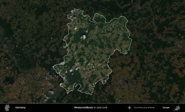 Westerwaldkreis. Almanya 'nın idari alanı, Haziran 2018' de çekilen Kopernik Nöbetçi karolarından oluşan koyu renkli bir uydu görüntüsü üzerinde vurgulandı ve özetlendi.