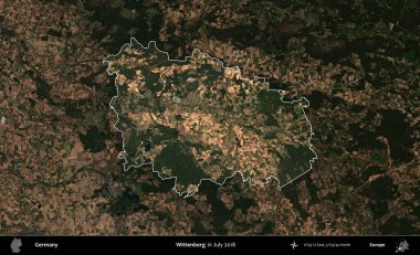Wittenberg 'de. Temmuz 2018 'de çekilen Kopernik Nöbetçi karolarından oluşan koyu renkli bir uydu görüntüsü, Almanya' nın idari alanının altını çizdi ve özetledi.