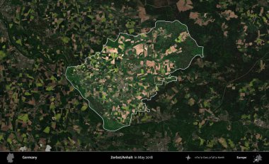 Zerbst/Anhalt. Mayıs 2018 'de çekilen Kopernik Nöbetçi karolarından oluşan koyu renkli bir uydu görüntüsü, Almanya' nın idari alanının altını çizdi ve özetledi.
