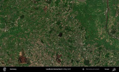 Landkreis Ammerland. Mayıs 2018 'de çekilen Kopernik Sentinel karolarından oluşan bir uydu görüntüsü üzerine Almanya' nın idari bölgesi
