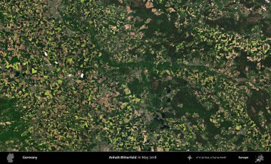 Anhalt-Bitterfeld. Mayıs 2018 'de çekilen Kopernik Sentinel karolarından oluşan bir uydu görüntüsü üzerine Almanya' nın idari bölgesi