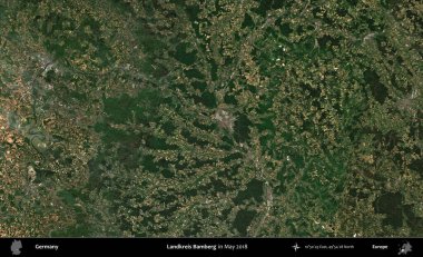 Landkreis Bamberg. Mayıs 2018 'de çekilen Kopernik Sentinel karolarından oluşan bir uydu görüntüsü üzerine Almanya' nın idari bölgesi