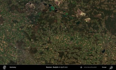 Bautzen - Budysin. Nisan 2020 'de çekilen Kopernik Sentinel karolarından oluşan bir uydu görüntüsü üzerine Almanya' nın idari bölgesi