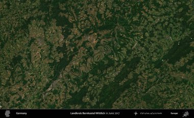 Landkreis Bernkastel-Wittlich. Haziran 2017 'de çekilen Kopernik Sentinel karolarından oluşan bir uydu görüntüsü üzerine Almanya' nın idari bölgesi