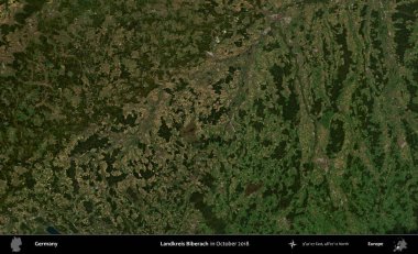 Landkreis Biberach. Kopernik Sentinel 'in Ekim 2018' de çekilmiş uydu görüntüsü üzerine Almanya 'nın idari bölgesi